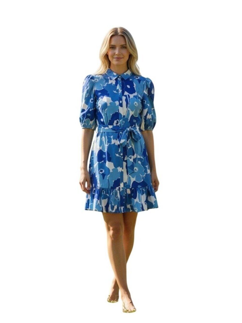 Shein Womens Belted Shirt Dress Large Blue White Floral Print Polyester NWOT
